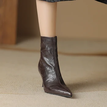 2023 Есенно-зимни дамски обувки Ботильоны от естествена кожа С остри пръсти На висок ток Ботуши от овча кожа Кожени обувки на висок ток - Изображение 1  