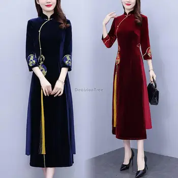 2023 есенно-зимния китайското елегантна винтажное рокля-чонсам с бродерия, елегантна бархатное ципао-дълга рокля с къс ръкав за парти s853 - Изображение 1  