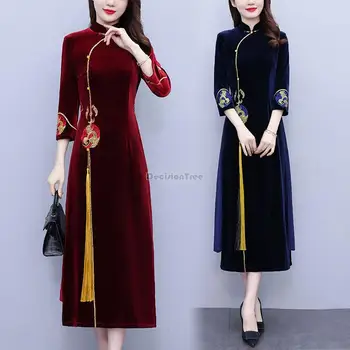2023 есенно-зимния китайското елегантна винтажное рокля-чонсам с бродерия, елегантна бархатное ципао-дълга рокля с къс ръкав за парти s853 - Изображение 2  