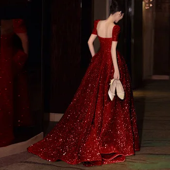 Ретро Френското вечерна рокля с квадратна яка, Бордовое Сватбена рокля с пайети, Ципао, Елегантна Вечерна рокля с влак, рокля за бала - Изображение 2  