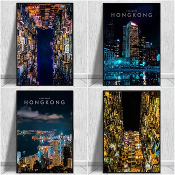 Картина върху платно с нощен изглед на Хонг конг, плакат на модерното изкуство и щампи, стенни декоративни картини за всекидневната, естетика домашен интериор - Изображение 2  