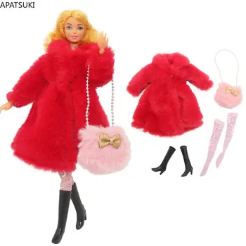 Червено дълго палто от изкуствена кожа, яке, комплект дрехи за кукли Барби, Чорапи, Обувки, Чанта за обувки 1/6, Аксесоари за кукли, Детски играчки, 1: 6 - Изображение 1  
