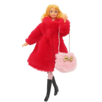 Червено дълго палто от изкуствена кожа, яке, комплект дрехи за кукли Барби, Чорапи, Обувки, Чанта за обувки 1/6, Аксесоари за кукли, Детски играчки, 1: 6 - Изображение 2  