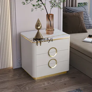 Италиански минималистичен Лесен луксозен малка странична масичка в дома-спалнята, Многофункционален шкаф за съхранение, Каменна плоскост от масивно дърво - Изображение 2  