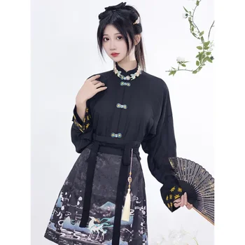 Супериорна топ с дълги ръкави в стил от династията Мин Hanfu, мини-пола с участието на муцуната на коня с принтом елен, женски костюм Jk в китайски стил, модерна рокля Hanfu - Изображение 1  