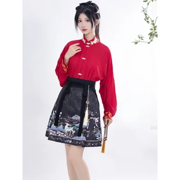 Супериорна топ с дълги ръкави в стил от династията Мин Hanfu, мини-пола с участието на муцуната на коня с принтом елен, женски костюм Jk в китайски стил, модерна рокля Hanfu - Изображение 2  