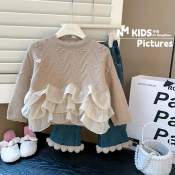 2023 Корейски пуловер за момичета, пуловер в кружевном стил, Детски дрехи, пуловер дебелото задължителни за момичета, Детски дрехи, Детски пуловер - Изображение 1  