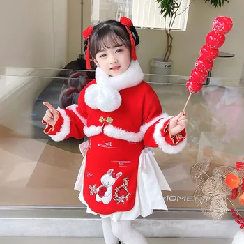 Рокля за момичета Рокли Червено Зимно Hanfu В китайския етнически стил, Детско Меко Ципао за парти, Коледен Костюм за Поздрав - Изображение 1  