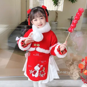 Рокля за момичета Рокли Червено Зимно Hanfu В китайския етнически стил, Детско Меко Ципао за парти, Коледен Костюм за Поздрав - Изображение 2  