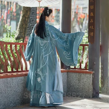 WATER Original Hanfu Рокли дамски династия Уей Джин, Китайският национален традиционен народен танц Дама с кръстат бод на врата си в ретро стил - Изображение 2  
