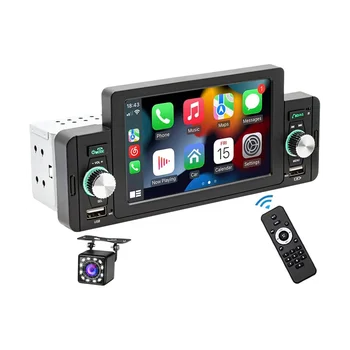 5-инчов автомобилна стерео система на един Din, безжична CarPlay Android Auto Mirror-Link, радио с тъчскрийн, резервна камера, Bluetooth, USB FM - Изображение 2  