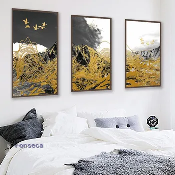 Абстрактен Плакат със Златната Птица и Линия, е Черно-Бяла Планина, Платно, Стенни Живопис, Арт Интериор За Дневната, Модерен Куадрос - Изображение 1  