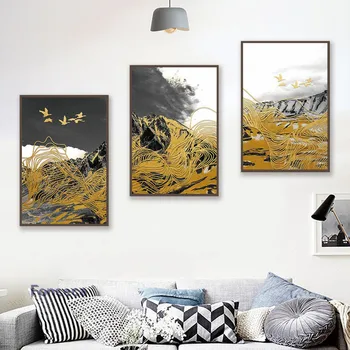 Абстрактен Плакат със Златната Птица и Линия, е Черно-Бяла Планина, Платно, Стенни Живопис, Арт Интериор За Дневната, Модерен Куадрос - Изображение 2  