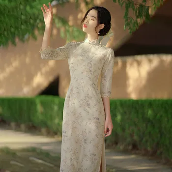 Рокли, Ново подобрено дълго дантелено Ципао, Френското лятото Китайското традиционната рокля с пролетта и есента бродерия в ретро стил - Изображение 1  
