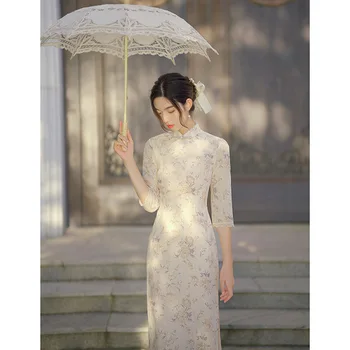 Рокли, Ново подобрено дълго дантелено Ципао, Френското лятото Китайското традиционната рокля с пролетта и есента бродерия в ретро стил - Изображение 2  