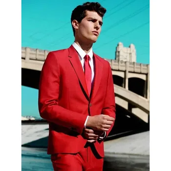 Червени мъжки костюми са с високо качество с изрези на лацканах, елегантен комплект сватбена рокля от 2 части, панталони по поръчка костюм Терно - Изображение 1  