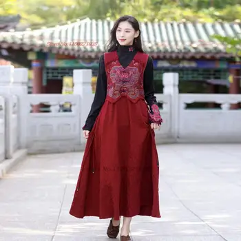 2024 китайското винтажное памучно семе и лененото жаккардовое рокля с национална бродерия на цветя, рокля без ръкави, източно народно дълга рокля трапецовидна форма - Изображение 1  