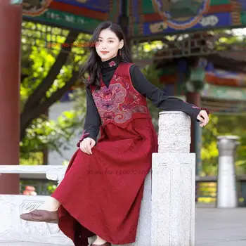 2024 китайското винтажное памучно семе и лененото жаккардовое рокля с национална бродерия на цветя, рокля без ръкави, източно народно дълга рокля трапецовидна форма - Изображение 2  