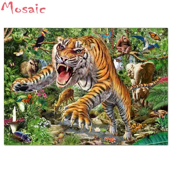 5d диамантена живопис етикети с тигровым гора пейзажи мозайка с пълна квадратна дрелью 3d занятие с кръгла диамант бродерия - Изображение 1  