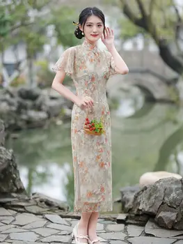 Секси ниспадающий яка, летящ ръкав, Шифоновое Дълга рокля Qipao Fashion Vintage за жени и момичета Рокля Dress - Изображение 1  