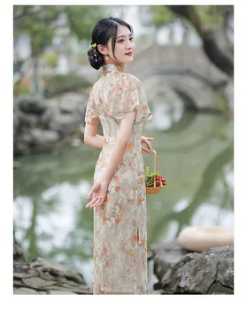 Секси ниспадающий яка, летящ ръкав, Шифоновое Дълга рокля Qipao Fashion Vintage за жени и момичета Рокля Dress - Изображение 2  
