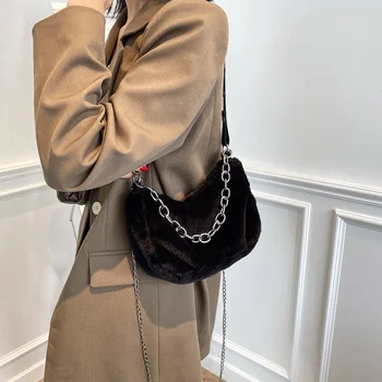 Елегантна дамска чанта ярки цветове, зимна мека плюшен bag-чанта, дамска чанта за покупки от изкуствена кожа, пътна космати чанта на верига - Изображение 2  