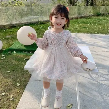 Детско принцеса рокля за момиче Анабел Розова пищната пола на цветчета за сватбени партита Детски рокли без ръкави с цветен печат - Изображение 1  