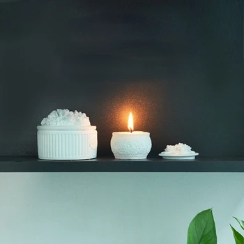 Кръгла гипсова банка за ароматни свещи с капак, силиконова форма, чаша за свещи от циментов бетон ръчно изработени, кутия за съхранение на бижута, глинени форми - Изображение 2  