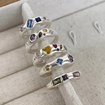 Цветен пръстен с Неправилна форма с Цирконии, Ретро-индивидуалност, Опал, Геометрични Открити Пръстени Y2K, Естетически Декорации за отпечатъци, Подарък за момичетата за Сватба - Изображение 1  