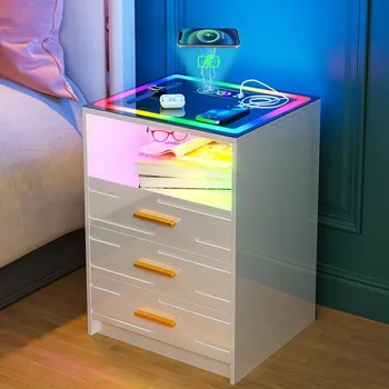 Малка странична масичка със сензорен екран RGB с USB порта и Type-C и 3 чекмеджета (лъскаво бял) Легла и мебели, нощни шкафчета, нощни шкафчета - Изображение 1  
