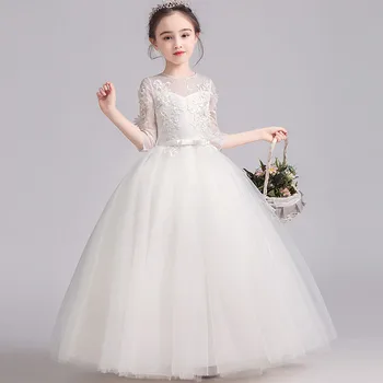 Бебешка рокля DongCMY Flower Girl 2024 Ново сватбена рокля за парти, бели рокли за изпълнения на принцеса рожден ден за момичета - Изображение 1  