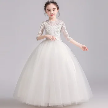 Бебешка рокля DongCMY Flower Girl 2024 Ново сватбена рокля за парти, бели рокли за изпълнения на принцеса рожден ден за момичета - Изображение 2  