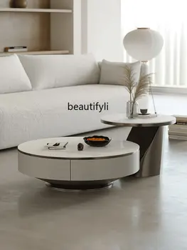 масичка за кафе yj Stone Plate с Размерите на кръгла Светъл хол, луксозна модерна проста комбинация поставка за телевизор от неръждаема стомана - Изображение 2  