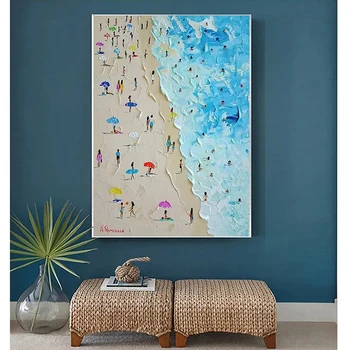 Морски пейзаж, Картина с нож, Платно, масло, живопис, Плакат, Летен плаж, Картина на стената, Картини за дома хол - Изображение 2  