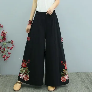 2023 пролетни нови дамски дълги панталони от памук и лен, реколта етнически стил с бродерия в ретро стил, широки панталони с еластичен ластик на талията, g735 - Изображение 1  