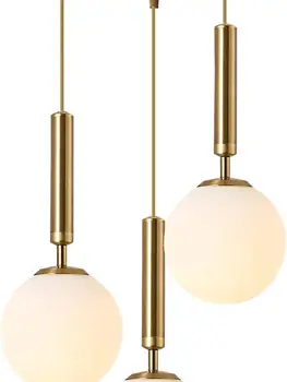 подвесное Осветление тинг 3-Lighs Cluster Средата на Века Златен Глобус Окачен Лампа Голяма Млечно-Бялата Стъклена Полилей Модерен - Изображение 1  