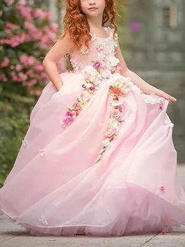 Розов тюл, перли, апликации за момичета, рокли за момичета в цветенце, бална рокля принцове за първо причастие, абитуриентски бал, мода 2023 г. - Изображение 1  