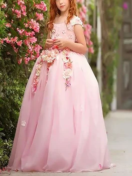 Розов тюл, перли, апликации за момичета, рокли за момичета в цветенце, бална рокля принцове за първо причастие, абитуриентски бал, мода 2023 г. - Изображение 2  
