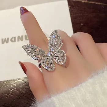 Луксозни Лъскав пръстен с пеперуди от цирконии за жени, модни Сребърни Метални Кухи Брачни халки за годеж, бижута - Изображение 1  