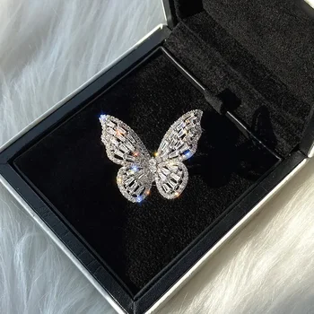 Луксозни Лъскав пръстен с пеперуди от цирконии за жени, модни Сребърни Метални Кухи Брачни халки за годеж, бижута - Изображение 2  