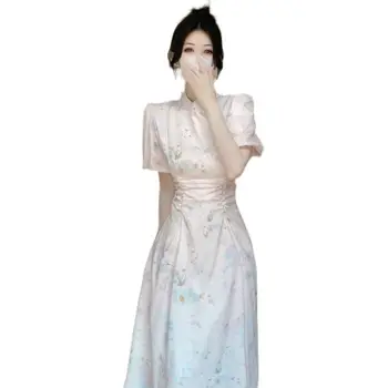 Китайското традиционната рокля Чонсам Ципао в ретро стил, лятна дамски дрехи, дълга рокля с везикулозната ръкави, дебнещ и елегантна в областта на талията. - Изображение 1  