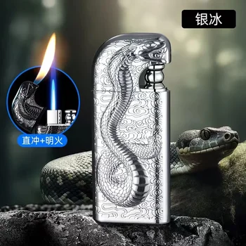 Мъжка запалка с двоен пламък от сплав в ретро стил, творчески триизмерен релефен газова запалка Snake King с двоен пламък - Изображение 1  