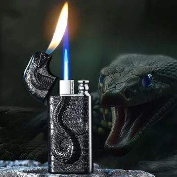 Мъжка запалка с двоен пламък от сплав в ретро стил, творчески триизмерен релефен газова запалка Snake King с двоен пламък - Изображение 2  