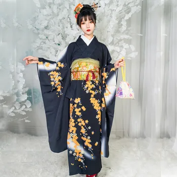Жена Японското традиционно кимоно с Оби с дълъг ръкав и цветна принтом, официален комплект Юката, костюм за cosplay, ретро рокля за фотография - Изображение 1  