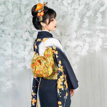 Жена Японското традиционно кимоно с Оби с дълъг ръкав и цветна принтом, официален комплект Юката, костюм за cosplay, ретро рокля за фотография - Изображение 2  