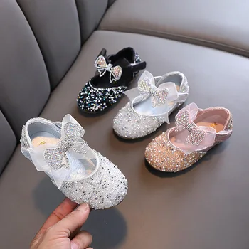 Пролетни кожени обувки свързани с лък за момичета, детски модни обувки на принцесата с лъскави пайети, Детска нескользящая обувки с кристали - Изображение 1  