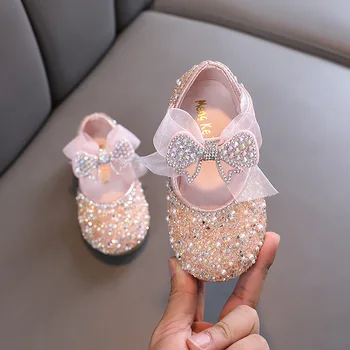Пролетни кожени обувки свързани с лък за момичета, детски модни обувки на принцесата с лъскави пайети, Детска нескользящая обувки с кристали - Изображение 2  