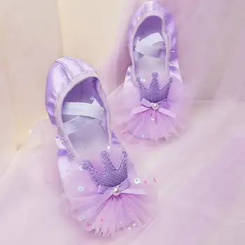 Детски балетные обувки за професионални танци за момичета, балетные обувки с сатенена диадема, дантелени балетные обувки с мека подметка, професионални спортни обувки за принцеси - Изображение 1  
