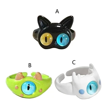 Забавните черно-Зелено-Бяло пръстен с кошачьим чудовище, с големи очи, сладко Стръмен карикатура, сладки шаферки, двойка, отворен пръстен, подарък за украса - Изображение 2  
