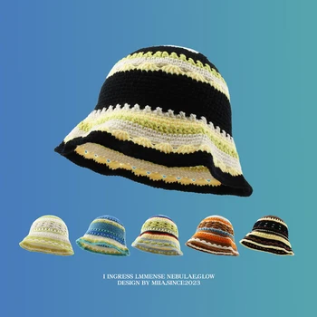 Групови Японски кухи дамски шапки Ins, тънка лятна шапка на райе в контрастен цвят, пътен чадър, дизайнерски шапка-кофа - Изображение 1  